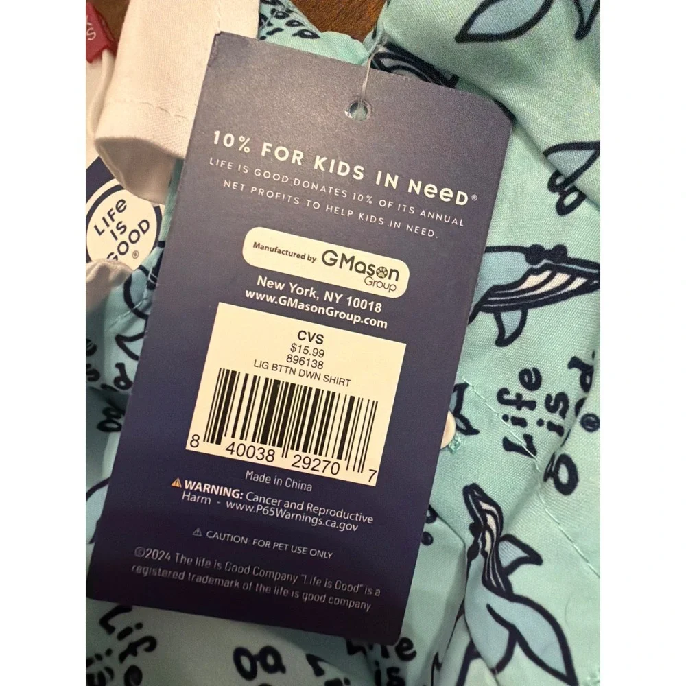 Life is Good Dog Button-Up Shirt Whale Print Blue White XS 896138